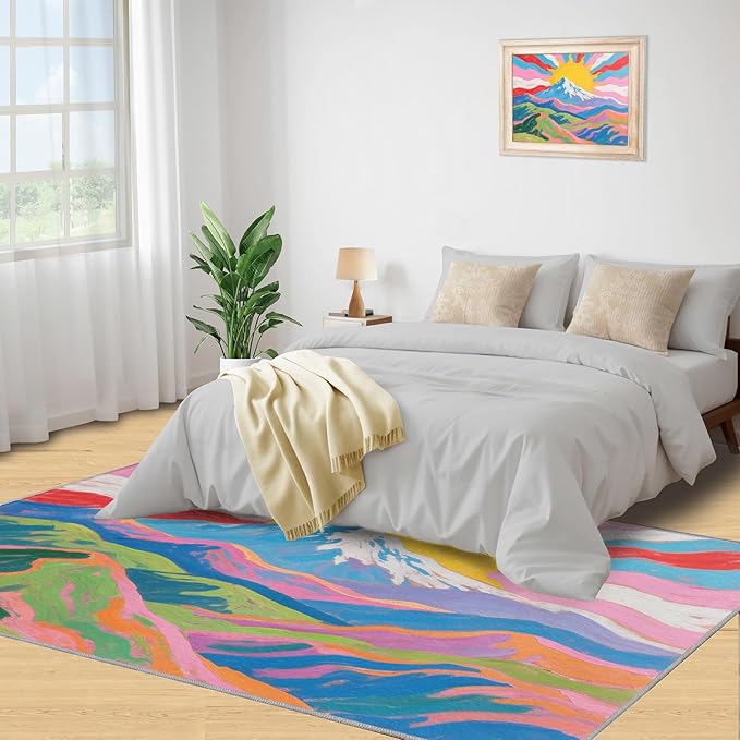 Boho Sun Runner Rugs 3x6ft, Watercolor Mountain Bedside Rug, Abstraction Deco Laundry Rug with Non Slip Backing for Bedroom Kitchen Sink Front Door Entryway Indoor