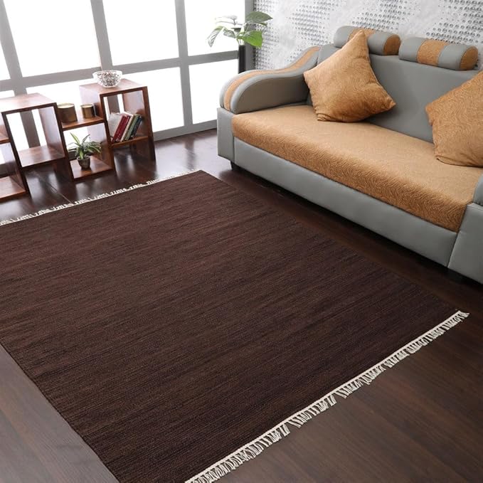 Rugsotic Carpets Hand Woven Flat Weave Kilim Wool ECO-Friendly Area Rugs - 8'x8', Square Shape, Dark Brown Color, Solid Plain Design, Low Pile Handmade Rugs for Living Room, Bed Room (D00111)
