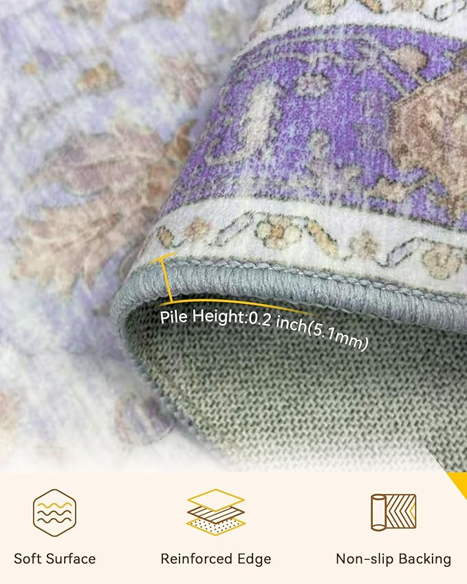 Area Rugs 8ft Washable Non-Slip, Floral Vintage Distress Print Pattern Medallion Carpet for Living Room Bedroom Dining Room, Light Purple Brown