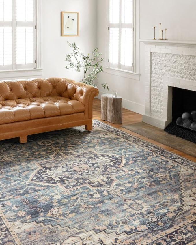 Loloi Hathaway Collection HTH-01 Navy/Multi 3'-6" x 5'-6", .25" Thick Accent Rug, Soft, Durable, Printed, Modern, Low Pile, Non-Shedding, Easy Clean, Living Room Rug