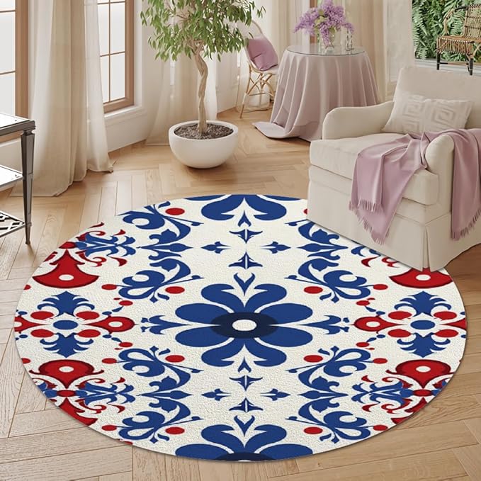 Vintage Blue Flowers Washable Round Rugs Oriental Tribal Floral Circle Rugs for Living Room Entryway Round Area Rug Soft Non Slip Nursery Carpet for Bedroom Dining Coffee Table 8ft