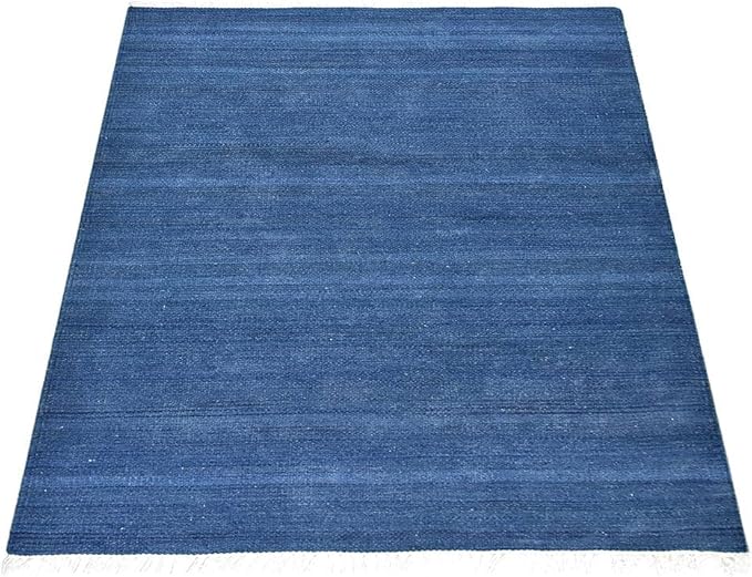 Rugsotic Carpets Hand Woven Flat Weave Kilim Wool ECO-Friendly Area Rugs - 5'x8', Rectangle Shape, Blue Color, Solid Plain Design, Low Pile Handmade Area Rugs for Living Room, Bed Room (D00111)