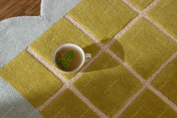 Checkered Wool Area Rug with Scalloped Border, Chartreuse Green & Cream Grid, Hand-Tufted, Soft Cut Pile, Modern Cottagecore Living Room, Bedroom & Nursery Carpet - 1x1 Ft (Sample)