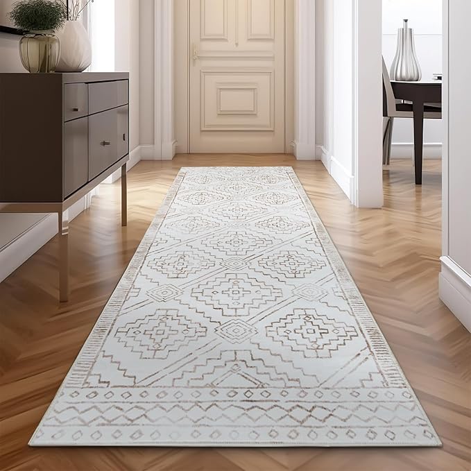 jinchan Hallway Runner Rug 3x10 - Moroccan Kitchen Machine Washable Runner Rug Modern Geometric Soft Faux Wool Ultra-Thin Low-Pile Non-Slip Carpet for Laundry Room Bedroom Farmhouse (3x10ft, Taupe)