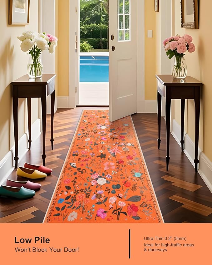 Boho Floral Runner Rug 2x6, Washable Non-Slip Kitchen Rug, Ultra Soft Vintage Carpet for Hallways, Kitchen, Bedroom, Bathroom (Orange)