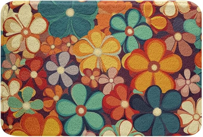 Erosebridal Groovy Flower Bathroom Mat 70s Party Microfiber Bath Rug Rainbow Floral 3D Entryway Door Mat 16x24 Boho Hippie Bath Mat Vintage Retro Party Bath Rugs for Girl Woman