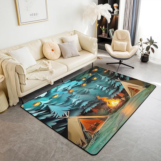 Camping Large Area Rug 5x7 Woodland Camp Living Room Rug | Vintage Camfire Tent Rugs for Bedroom, Camper Decor Rustic Carpet Indoor Floor Mat,Farmhouse Decor
