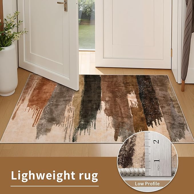Ciicool 5ft Round Washable Rug, Modern Abstract Circle Rugs, Non-Slip Thin Lightweight Rug Black Brown Circular Print Distressed Carpet for Bedroom Living Room Under Dining Table Home Office Decor
