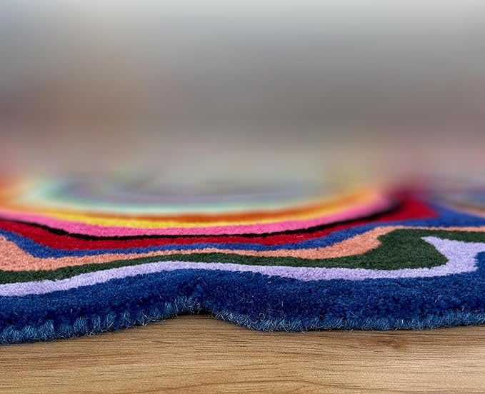 Irregular Shaped Handmade Wool Rug | Modern Colourful Stripe Premium Area Rug Perfect for Home Decor (Multi B, 6x6 ft)