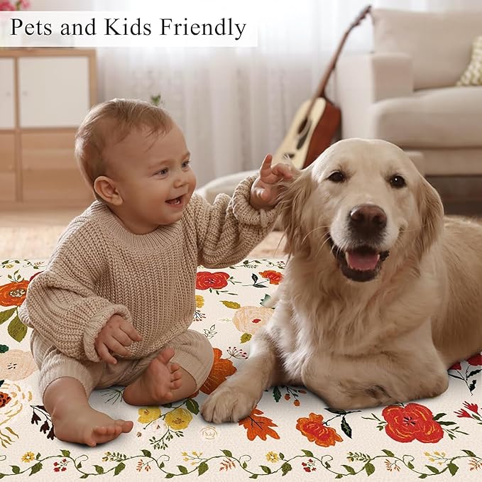 U'Artlines 2' x 10' Colorful Floral Runner Rug for Hallways Kitchen Rugs Soft Non Slip Washable Floor Carpet Runners for Entryway Laundry Room Bathroom Beige