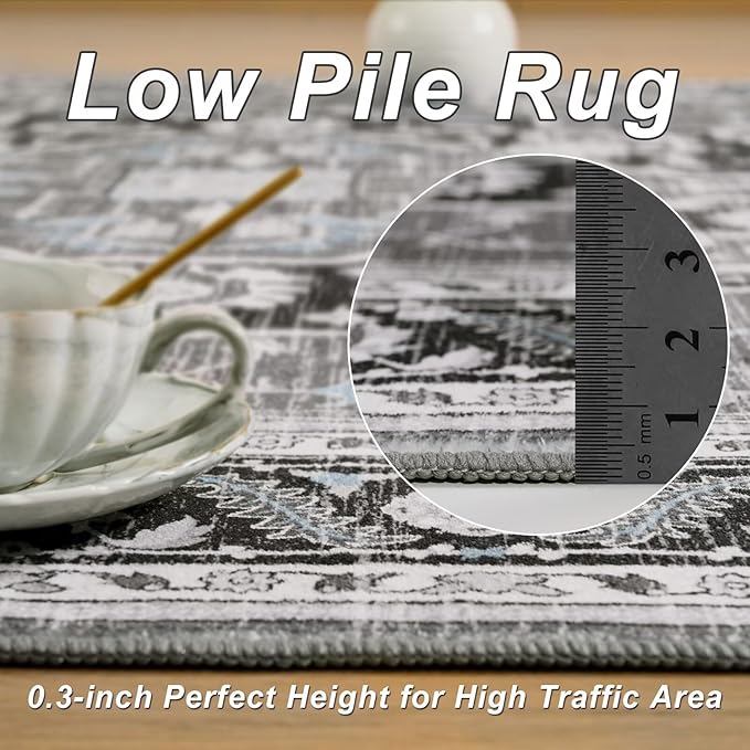 5x7 Black Grey Area Rug for Living Room, Machine Washable Rugs with Non-Slip Backing for Bedroom, Vintage Medallion Carpet Dining Room Office Kids Room Decor