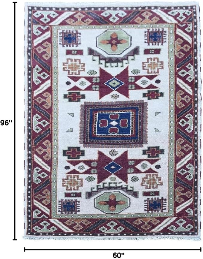 Hand Knotted Wool & Silk ECO-Friendly Oriental Area Rugs - 5'x8', Rectangle Shape, Cream Burgundy Color, Classic Oriental Traditional, Medium Pile Handmade Area Rugs (AF0102)
