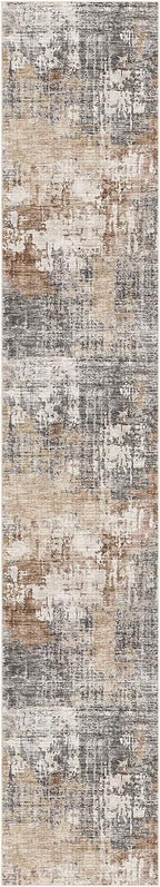 Washable Runner Rug for Hallway: 2.6x14 Neutral Modern Abstract Low Pile Area Rug with Non-Slip Backing - Carpet for Bedroom Kitchen Laundry Entryway Bathroom Indoor - Grey Brown