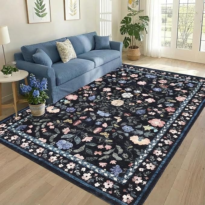 8x10 Washable Floral Distressed Rug, Vintage Farmhouse Area Rug for Living Room, Non-Slip Low Pile Soft Carpet for Nursery Bedroom Dining Room Home Office, Dark Grey Blue