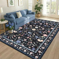 GarveeHome Washable Area Rug 9 x 12 for Living Room, Non-Slip Soft Vintage Rug, Low Pile Farmhouse Floral Carpet, Non-Shedding Indoor Foldable Printed Rugs for Bedroom, Dark Grey Blue
