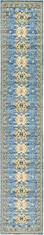 Unique Loom Taftan Collection Border Geometric Tribal Inspired Design Area Rug (3' 0 x 16' 5 Runner, Light Blue/ Gold)