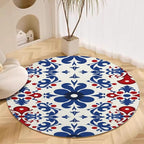 Vintage Blue Flowers Washable Round Rugs Oriental Tribal Floral Circle Rugs for Living Room Entryway Round Area Rug Soft Non Slip Nursery Carpet for Bedroom Dining Coffee Table 5ft