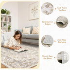 Wonnitar Washable Living Room Rugs, 8x10 Area Rugs for Room Decor, Beige Non Slip Ultra-Thin Soft Cozy Vintage Floral Distress Neutral Carpet for Bedroom Dining Room Farmhouse Playroom