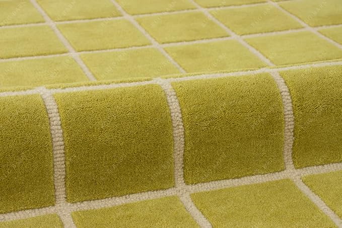 Checkered Wool Area Rug with Scalloped Border, Chartreuse Green & Cream Grid, Hand-Tufted, Soft Cut Pile, Modern Cottagecore Living Room, Bedroom & Nursery Carpet - 9x12 Ft