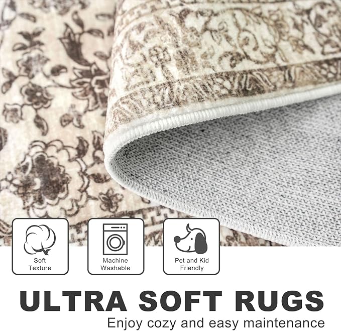KILOCOCO Hallway Runner 2x7 Rug Runner Printed Vintage Floral Washable Kitchen Runners Non-Slip Rubber Backed Runners for Hallways Laundry Room Distressed Boho Rugs for Entryway Bedroom, Beige/Brown