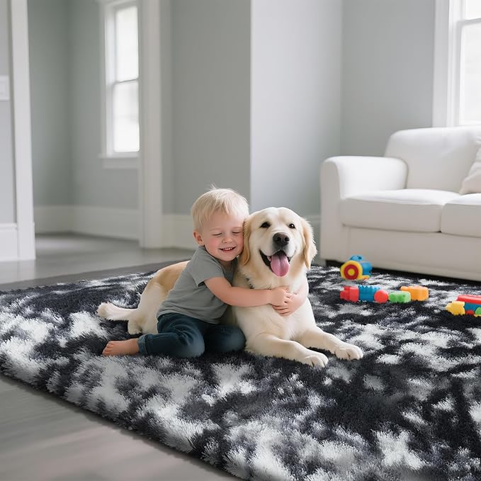 Fluffy Rug Shaggy Area Rug, Mottling Black 2x4 Area Rugs for Bedroom, Small Bedside Rug, Soft Fluffy Shaggy Entryway Throw Rugs for Living Room Bedroom Kids Room Home Decor