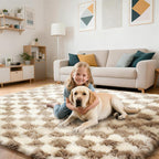 Checkered Rug for Bedroom, 4x6 Beige and White Area Rugs, Classic Checkered Carpets Shaggy Area Rug, Bedside Rugs for Living Room Bedroom Kids Room Home Decor
