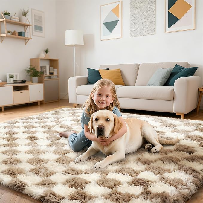 Checkered Rug for Bedroom, 3x5 Beige and White Area Rugs, Classic Checkered Carpets Shaggy Area Rug, Bedside Rugs for Living Room Bedroom Kids Room Home Decor
