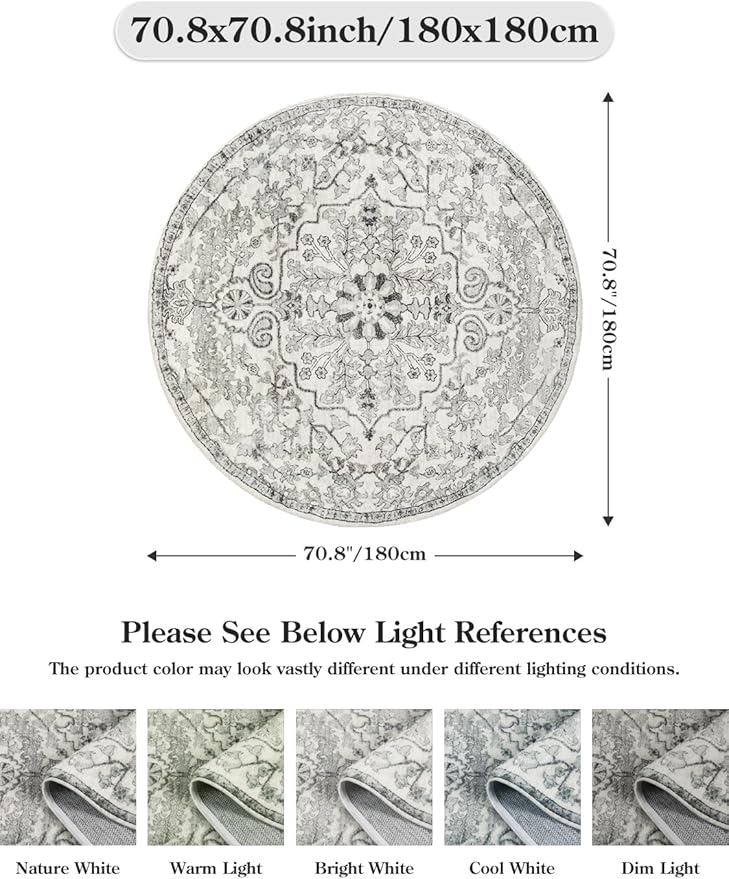 Lahome Bohemian Washable Round Rug, Large Round Rugs 6ft Non Slip Circle Rugs for Living Room, Soft Non Slip Non Shedding Printed Indoor Carpet for Dining Bedroom Kitchen Office, Beige