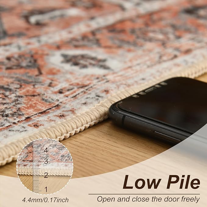 XWZO Entryway Area Rug 2x3ft — Soft Vintage Low Pile Non-Slip Backing Door Mat for Bedroom Bathroom Kitchen Laundry, Spill Resistant Washable Small Indoor Carpet for Doorway & Entrance, Brick Red