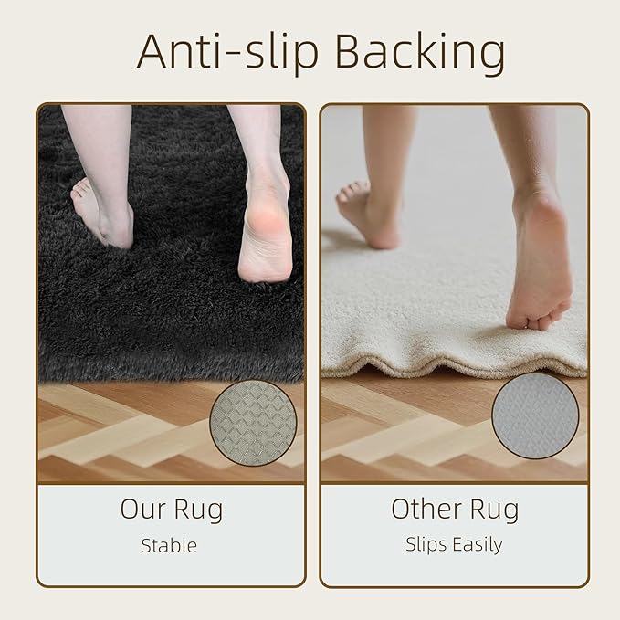 2x3 Solid Fluffy Black Area Rug – Washable, Durable, Small Bedroom Rug, Non-Slip High Pile Shag Rugs for Living Room, Bedroom, Bedside, Dorms,Grils Rooms, Kids Room, Soft Indoor Floor Carpet