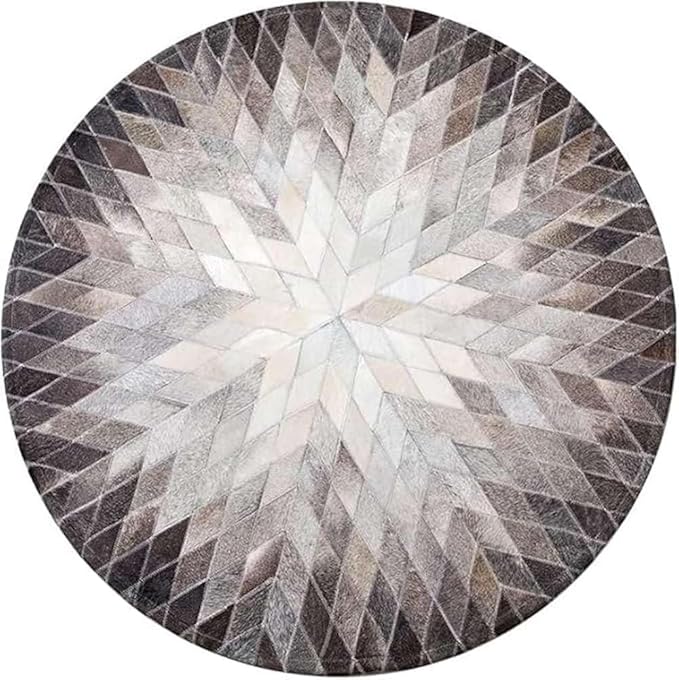Cowhide Hairon Leather Round Rug, Geometric Patterned Circle Carpet for Living Room, Bedroom, Hall, Brown, 5×5ft