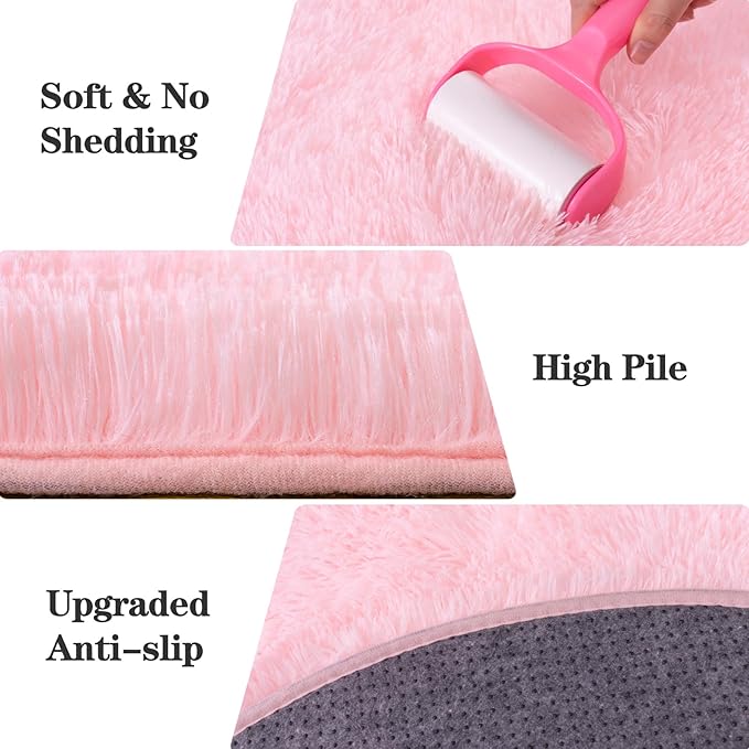 Soft Fluffy Area Rug for Bedroom, Pink Fuzzy Shaggy Oval Throw Rugs for Bedside, Non-Slip Cozy Plush Shag Carpet for Girls Kids Room Dorm Nursery Living Room, 2.6 x 5.3 Feet