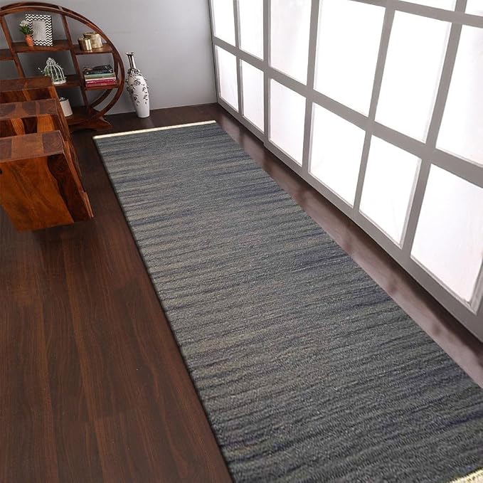 Rugsotic Carpets Hand Woven Flat Weave Kilim Wool ECO-Friendly Area Rugs - 2'6"x8', Runner Shape, Silver Color, Solid Plain Design, Low Pile Handmade Area Rugs for Living Room, Bed Room (D00111)