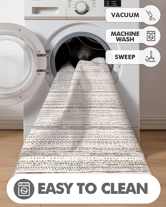 LUMI Ultra Thin Door Mat, 32x47 Non Slip Indoor Doormat Entrance Washable Rugs Entryway Oriental Vintage Soft Carpet for Kitchen Bedroom Front Door, White and Brown