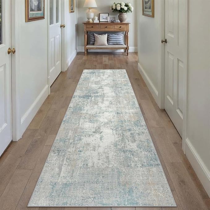 2x12 Washable Runner Rug Blue Cream Abstract Hallway Kitchen Throw Rug Neutral Modern Non Slip Soft Low Pile Lightweight Carpet for Bathroom Laundry Bedroom Living Room