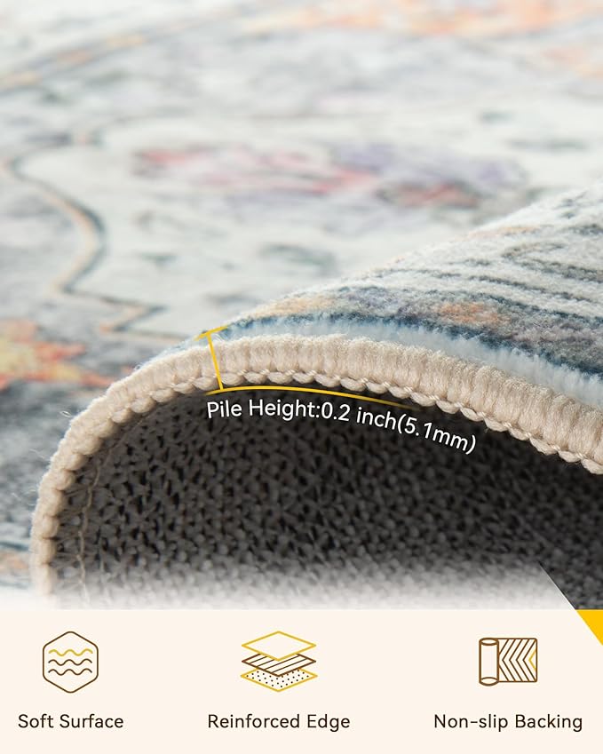 Area Rugs 4'x6' Washable Non-Slip, Floral Vintage Distress Print Pattern Medallion Carpet for Living Room Bedroom Dining Room, Light Yellow Carbon Grey Orange