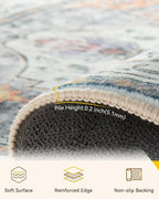 Area Rugs 6'x9' Washable Non-Slip, Floral Vintage Distress Print Pattern Medallion Carpet for Living Room Bedroom Dining Room, Light Yellow Carbon Grey Orange