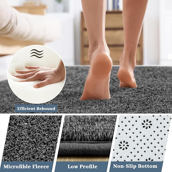 HQAYW 2x6 Soft Runner Rug for Hallways, Thickened Memory Foam Small Throw Bedside Rugs for Bedroom Living Room, Low Pile Washable Non Slip Carpet for Teens Kids Nursery Dorm Decor, Dark Grey