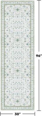 Oushak Wide Hallway Runner Rug 2'6"x8' - Vintage Turkish Floral, Washable Low Pile Non Slip Extra Long Runners for Kitchen, Hall Way - Cream Blue and Green