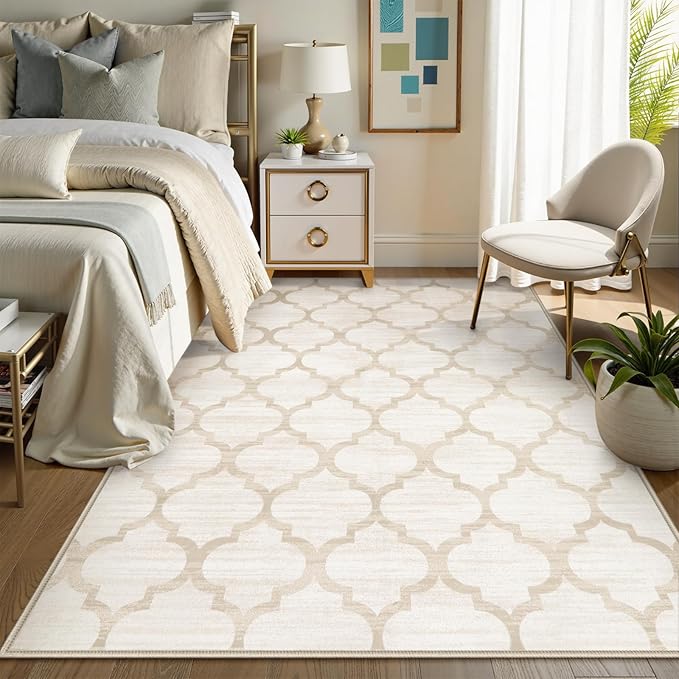 Lahome Moroccan Living Room Carpet - 4x6 Area Rug Washable Non-Slip Soft Rugs for Bedroom Ultra-Thin Throw Rug for Office, Modern Print Indoor Carpet Rug for Laundry Room Nursery (Beige, 4'x6')