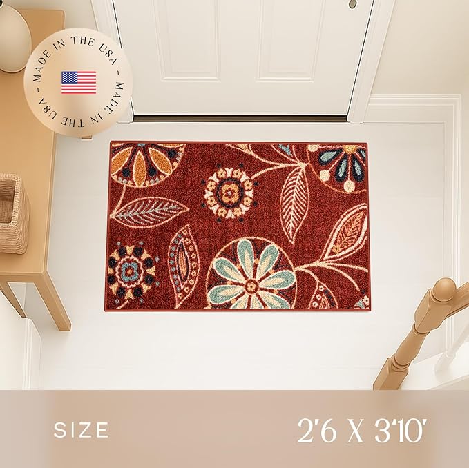 Maples Rugs Reggie Floral Kitchen Rug - Made in USA - Washable, Non Slip Indoor Carpet for Entryway, Foyer, Kitchen, and Bathroom, 2'6 x 3'10, Merlot