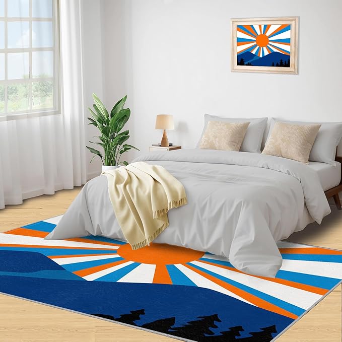 Boho Sun Runner Rugs 2x4ft, Abstraction Deco Small Entryway Mats, Minimalist Sunburst Laundry Room Rug Non Slip Durable Throw Rugs for Front Door Bedroom Bedside