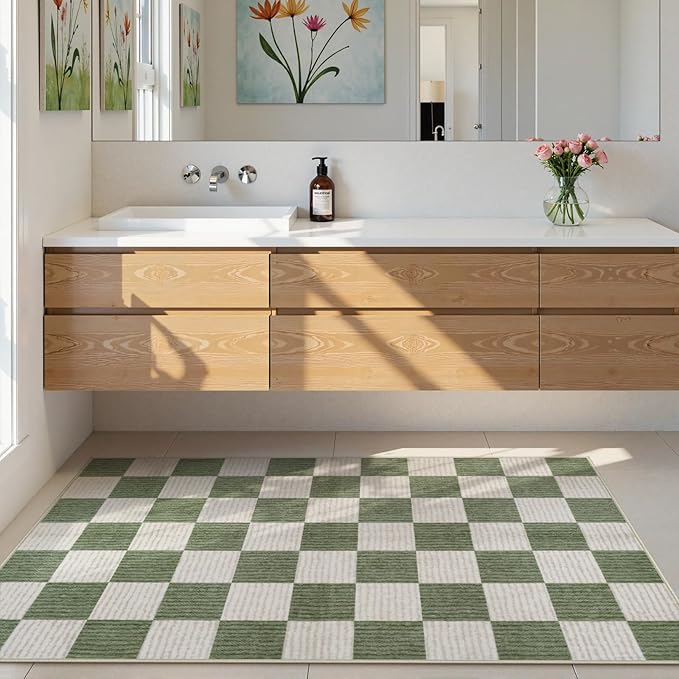 LIVEBOX 3x5 Washable Area Rug Checkered, Non-Slip Small Entryway Rug Green Farmhouse Neutral Classic Geometric Boys Rug for Bedroom Room Low-Pile Carpet for Indoor Kitchen Bathroom(Sage Green 3'x5')