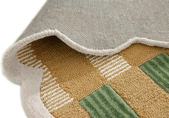 Hand-Tufted Wool Area Rug with Scalloped Edges, Beige and Green Plaid Pattern, Cozy and Soft Accent Rug for Living Room, Bedroom, and Nursery, Handmade Decorative Rug, 1x1 Ft (Sample)