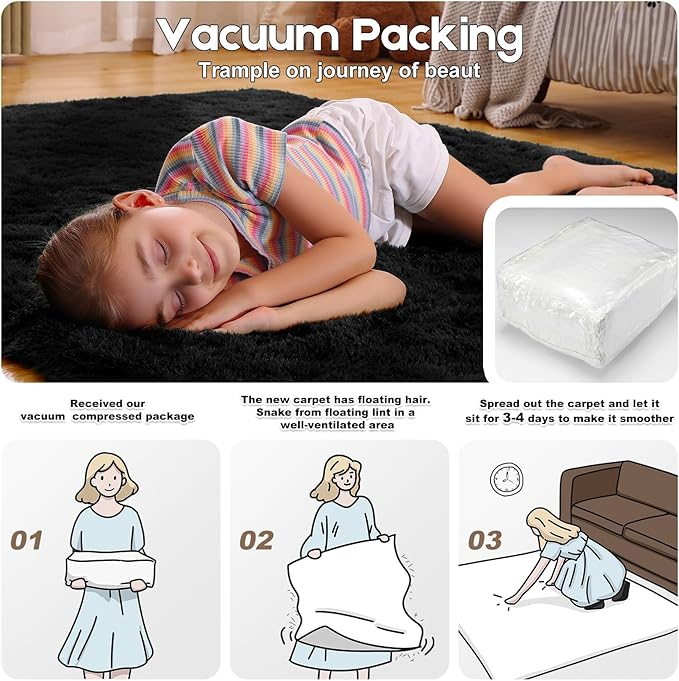 2x3 Black Rug for Bedroom Living Room, Fluffy Small Area Rug Soft Shag Carpet for Kids Boys and Girls Room with 4 Rugs Non-Slip Stickers Dorm Home Decor (2ft x 3ft)