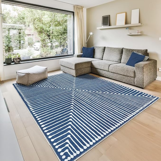 GLN Rugs Contemporary Collection - Machine Washable Area Rug, Contemporary Washable, Non Slip, Low Pile Chenille Rug, Living Room, Bedroom, Kitchen Rug (9' x 12' Lines Blue)