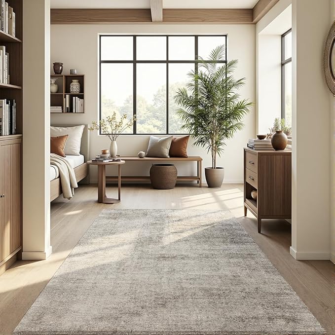 Area Rug 5x7 Washable Rug Beige for Living Room, Dining Room, Bedroom, Large Carpets, Non Slip & Non-Shedding Low Pile Vintage Print Rug for Home Office Decor