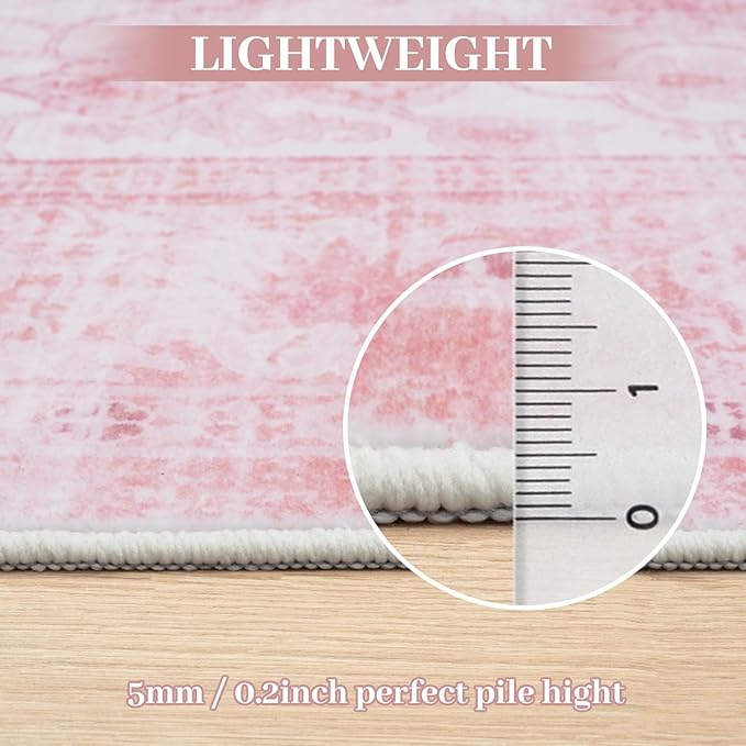 LIVEBOX Pink Area Rug 6x9, Vintage Living Room Rug Machine Washable Area Rugs, Pink Rugs for Bedroom Girls, Indoor Carpet for Dining Room Nursery Dorm Home Decor