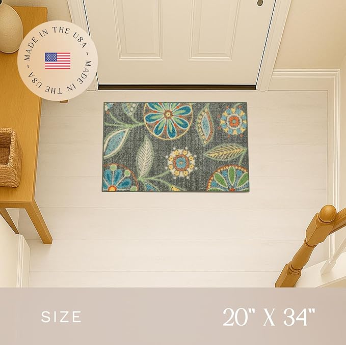 Maples Rugs Reggie Floral Kitchen Rug - Made in USA - Washable, Non Slip Indoor Carpet for Entryway, Foyer, Kitchen, and Bathroom, 1'8 x 2'8, Dark Grey