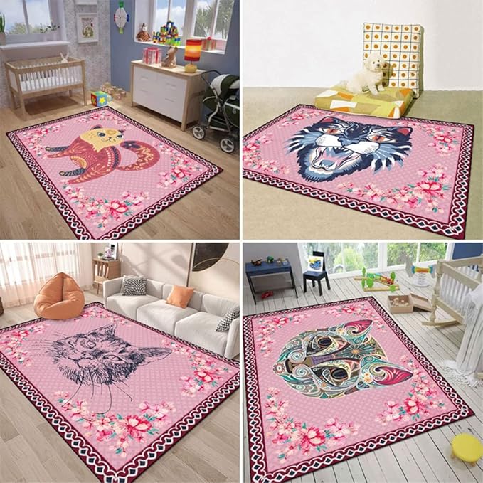 Cartoon Animal Pattern Area Rug Cute Cat Luxury Floral Decor for Carpet Farmhouse Bedroom Living Room Rugs Bathroom Kitchen Runner Mat Indoor Outdoor Non Slip Doormat 4' X 5.2'